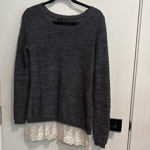 A. Byer Dark Charcoal Knit Scoop Neck Sweater with Lace Hem